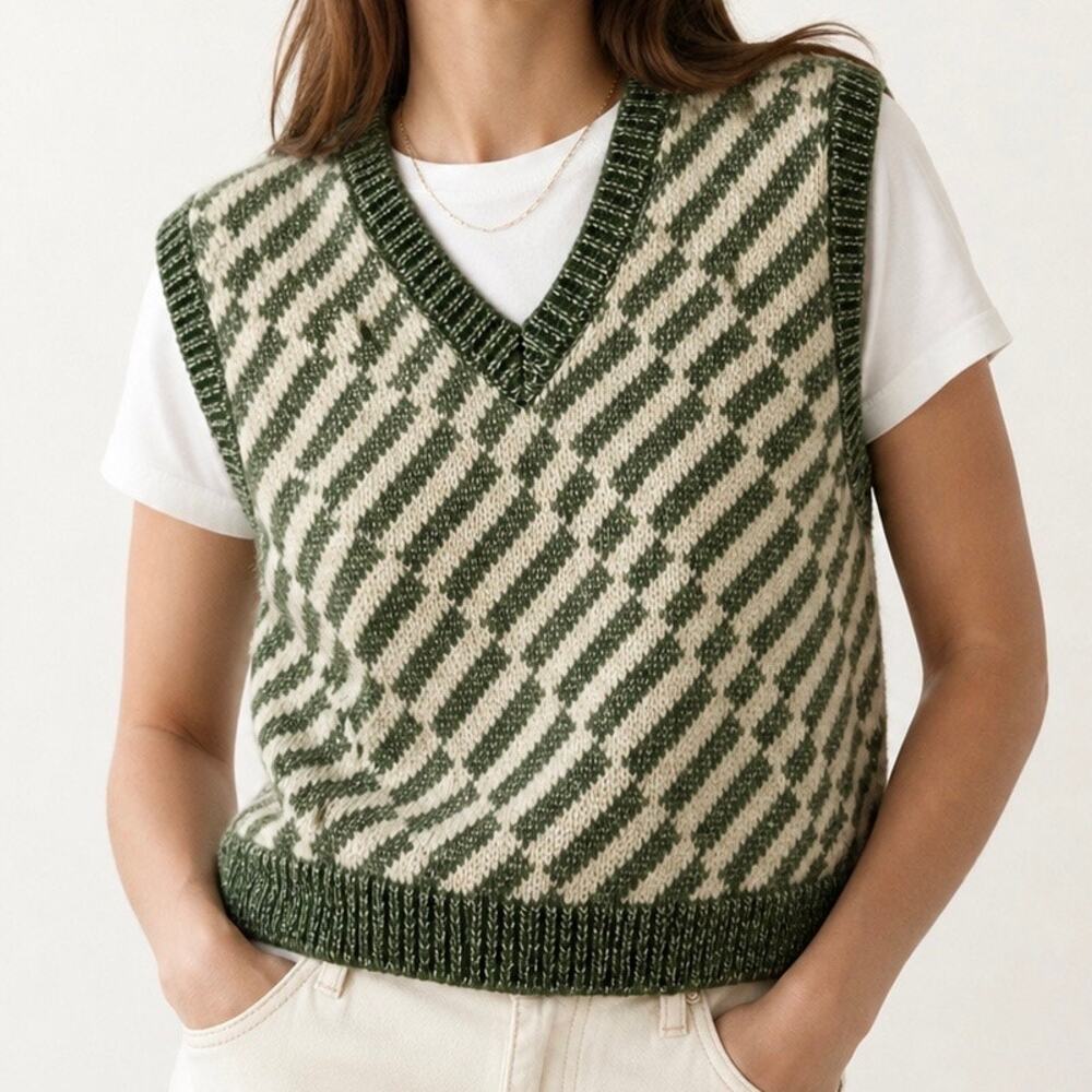 KOTN | Green Sweater Knit Vest Cream Oversized Cotton Alpaca Merino Wool | Small